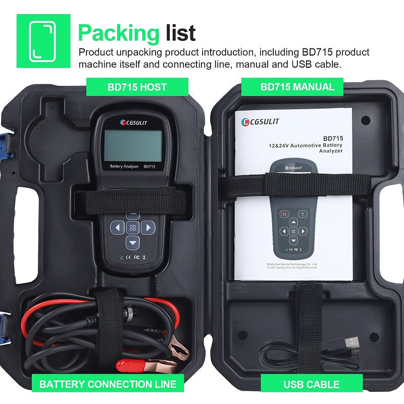 CGSULIT BD715 12V 24V Digital Vichicle Battery Analyzer Package List