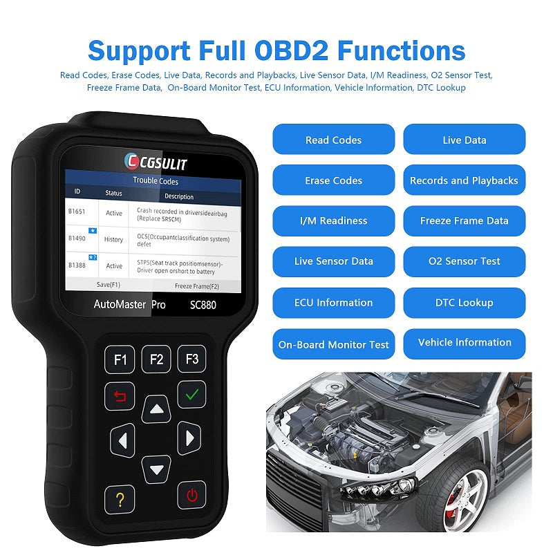 CGSULIT SC880 Full System OBDII Diagnostic Scanner with 25 Reset Services SRS SAS ABS Bleeding TPMS Oil DPF EPB Odometer Battery Reset, Injector Coding